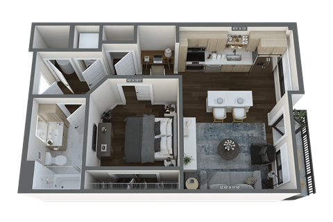 a 3d floor plan of a 1 bedroom apartment